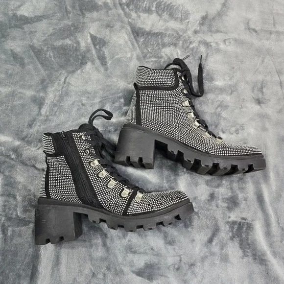 ShoeDazzle Rhinestone Combat Boots Women 8.5 Black Chunky Heel Party Ready - Picture 9 of 11